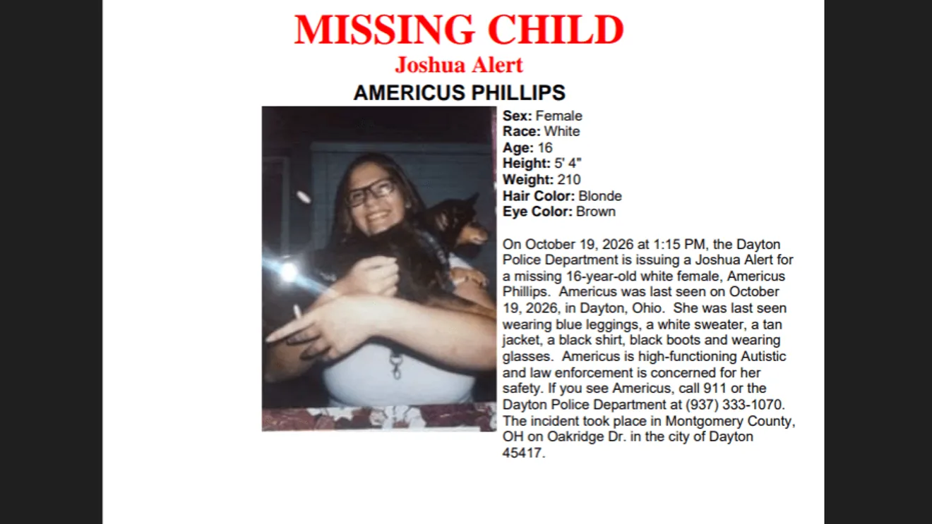 Dayton police alert for missing teen Americus Phillips with description and clothing details