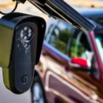 A Flock automated license plate reader mounted on a pole near a roadway